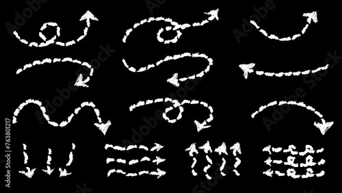 Set of white hand drawn style with crayon brush dotted line arrow animation transparent background. Variety of doodle popping charcoal arrows footage video. Freehand different sketch curved swirl line