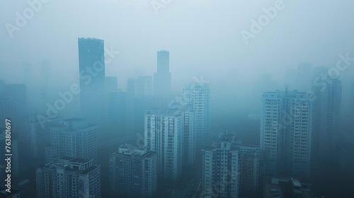 Air pollution in the city. Smog city from PM 2.5 dust  Cityscape of buildings with bad weather  Unhealthy air pollution dust. Generative AI illustration