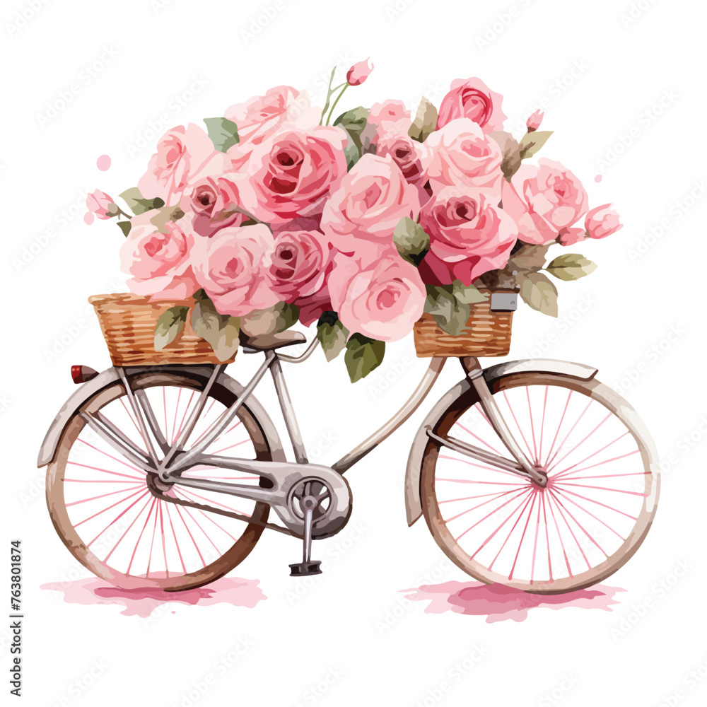 Bicycle with Basket Full of Pink Roses clipart