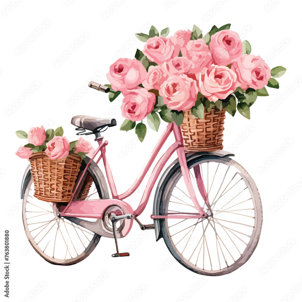 Bicycle with Basket Full of Pink Roses clipart