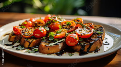 A plate of crispy bruschetta topped with ripe tomatoes