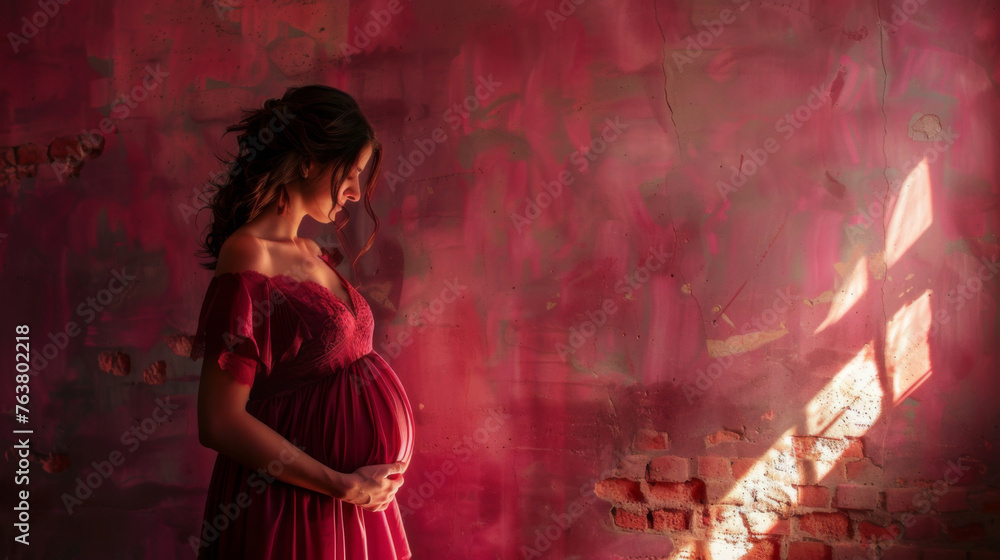 Young pregnant woman against the red background. Waiting for the birth of a child Young pregnant woman against the red background. Waiting for the birth of a child