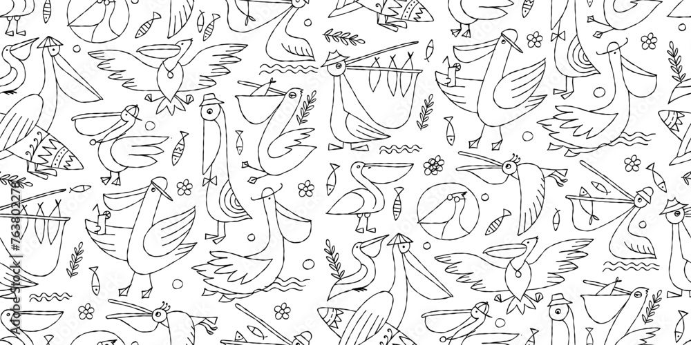 Pelicans family. Funny characters. Seamless pattern background for your design. Colouring page