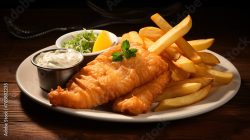 A plate of crispy fish and chips with tartar sauce.