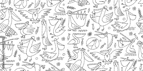 Pelicans family. Funny characters. Seamless pattern background for your design. Colouring page (ID: 763802278)