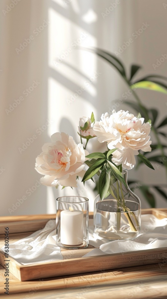 Two vases with flowers in them on a tray Two vases with flowers in them on a tray