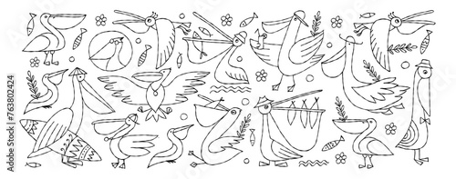 Pelicans family. Funny characters. Colouring page. Horizontal frame for your design - banners, cards, print, mugs etc (ID: 763802424)