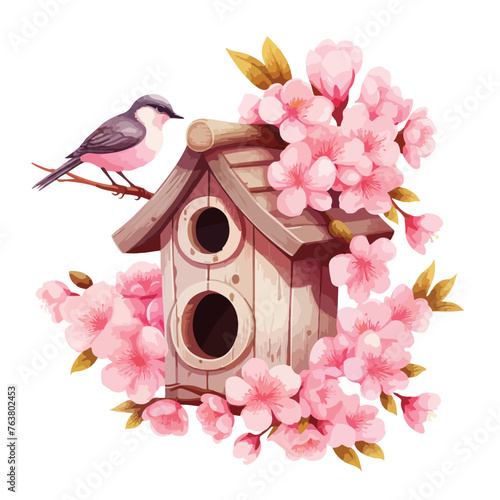 Birdhouse with Sakura Flowers clipart isolated on white © Mishab