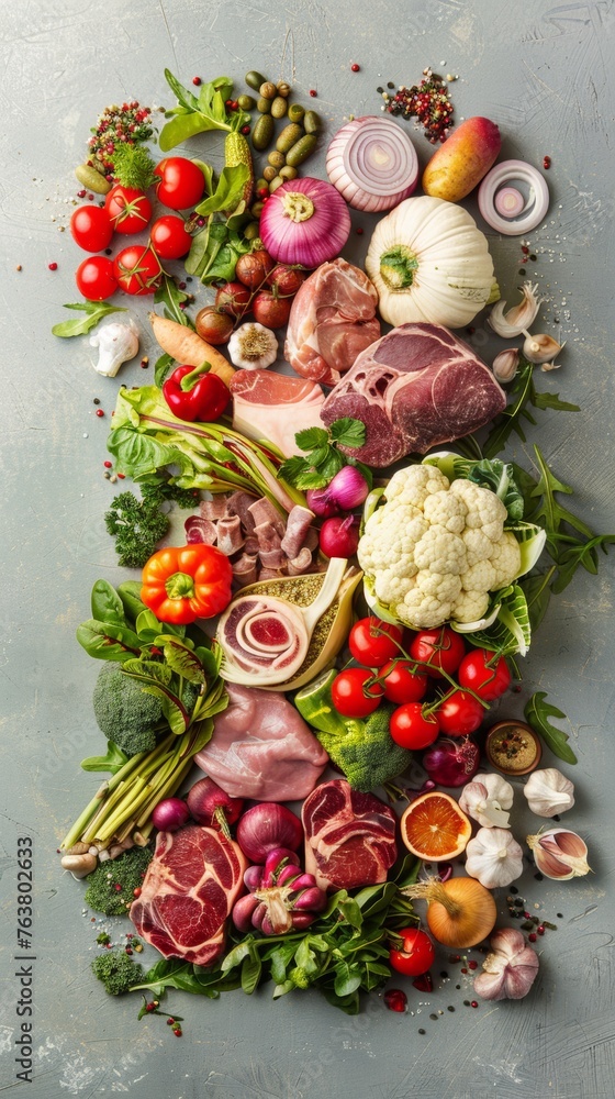 A variety of vegetables and meat arranged in the shape of a rectangle A variety of vegetables and meat arranged in the shape of a rectangle
