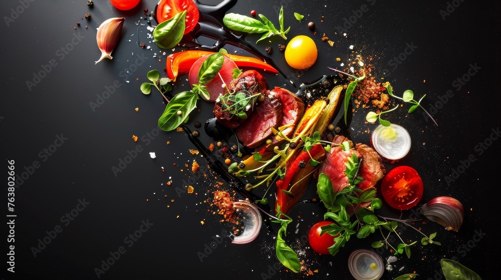 A black table topped with lots of different types of food A black table topped with lots of different types of food