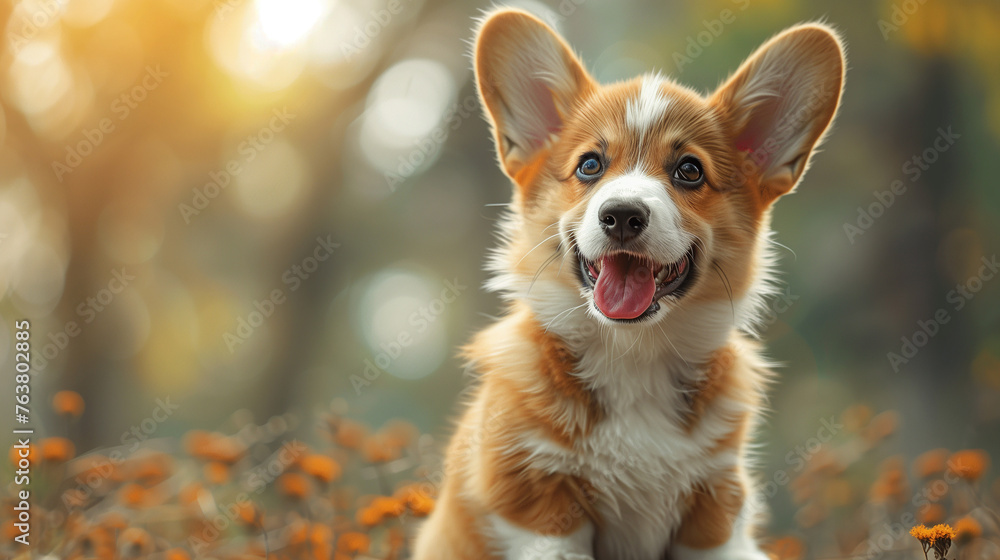 Welsh Corgi puppy, playfully winking while breathing gently and sitting contentedly in peaceful - obrazy, fototapety, plakaty 