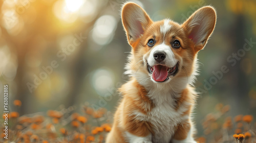 Welsh Corgi puppy  playfully winking while breathing gently and sitting contentedly in peaceful