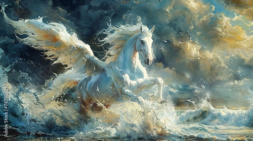 A white horse is running through the water with its wings spread out
