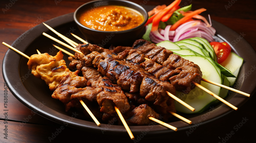 A plate of Indonesian satay with grilled meat and pean