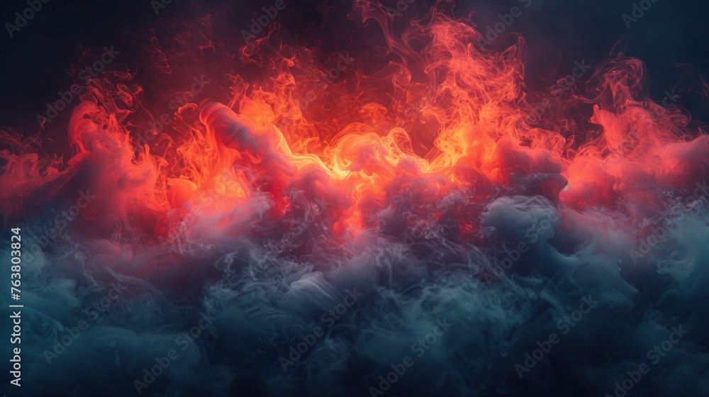 Red and blue smoke, steam swirling against a dark, muted background.	
