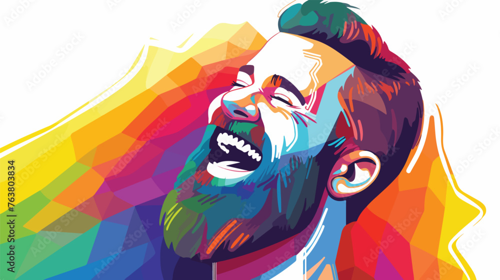 Rainbow gradient line drawing of a happy bearded man