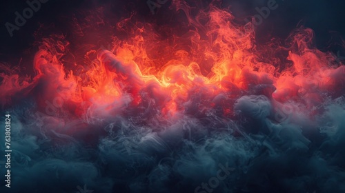 Red and blue smoke, steam swirling against a dark, muted background. 