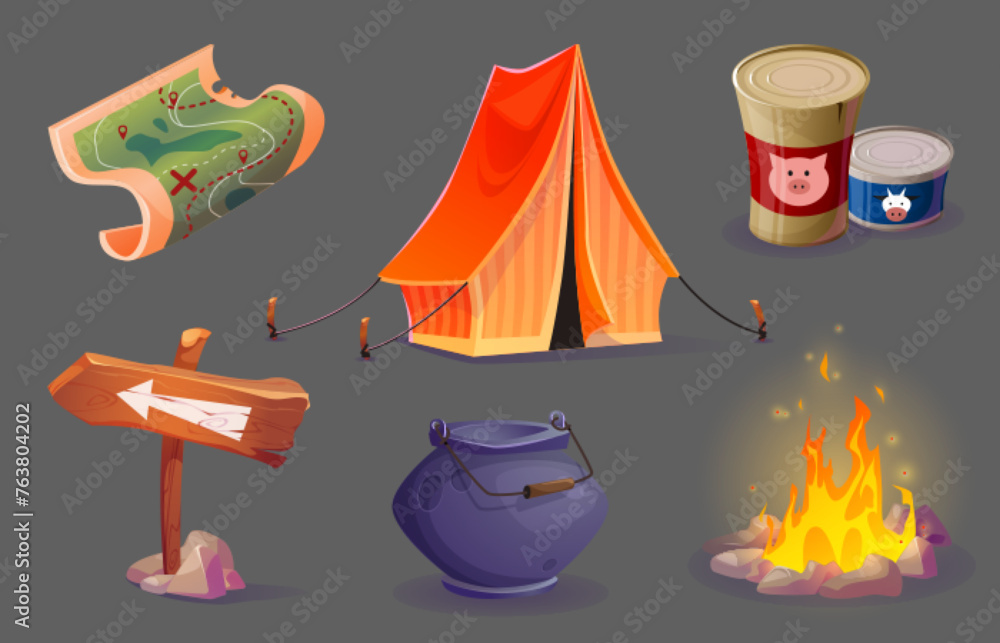 Camp equipment icon with tent for summer adventure. Outdoor hike element for picnic travel with map. Isolated trip campfire and survival recreation expedition. Cauldron and food can design with sign - obrazy, fototapety, plakaty 