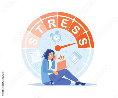 A young woman with a sad face with her laptop. Tired and frustrated due to excessive work. Stress concept. Flat vector illustration.