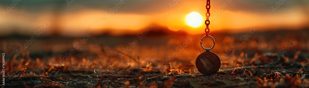 As the sun sets behind the horizon, a keychain made of engraved metal gleams in the fading daylight The camera angle captures the silhouette of the symbols - obrazy, fototapety, plakaty 