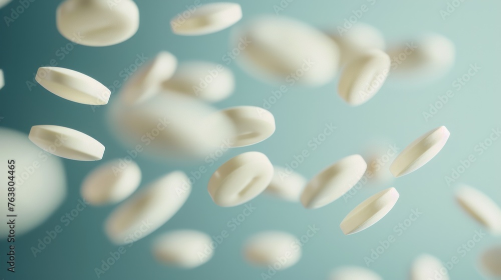A bunch of white pills floating in mid-air A bunch of white pills floating in mid-air