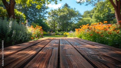 Perspective view of a rustic wooden table leading towards a vibrant summer garden in full bloom.