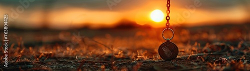 As the sun sets behind the horizon, a keychain made of engraved metal gleams in the fading daylight The camera angle captures the silhouette of the symbols