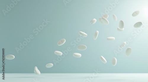 Multiple white pills are seen falling through the air, creating a dynamic and captivating scene