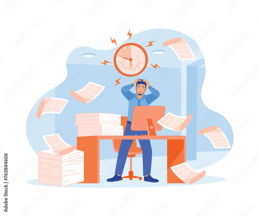 Men hold their heads because of the work that has piled up. Managers work with scattered documents and deadlines. Deadline concept. Flat vector illustration. Men hold their heads because of the work that has piled up. Managers work with scattered documents and deadlines. Deadline concept. Flat vector illustration.