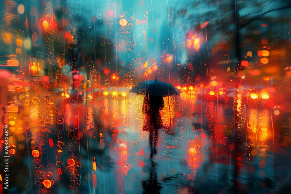 Blurred Rainy Cityscape with Person Holding Umbrella