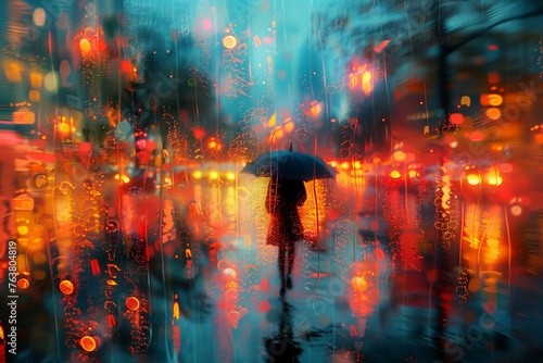 Blurred Rainy Cityscape with Person Holding Umbrella