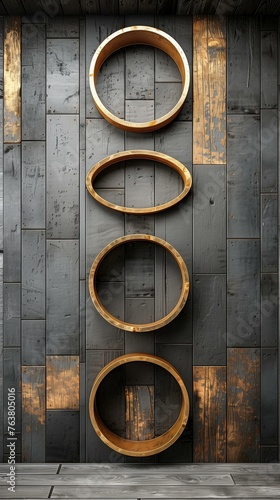 Wooden Circles Wall Decoration on Grey Textured Background