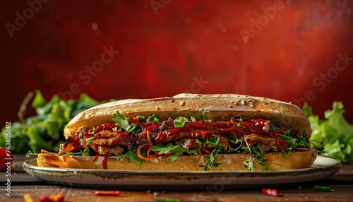 An advertising shoot, a juicy big royal sandwich, a sandwich appetizingly lying on a plate with all layers, a banner