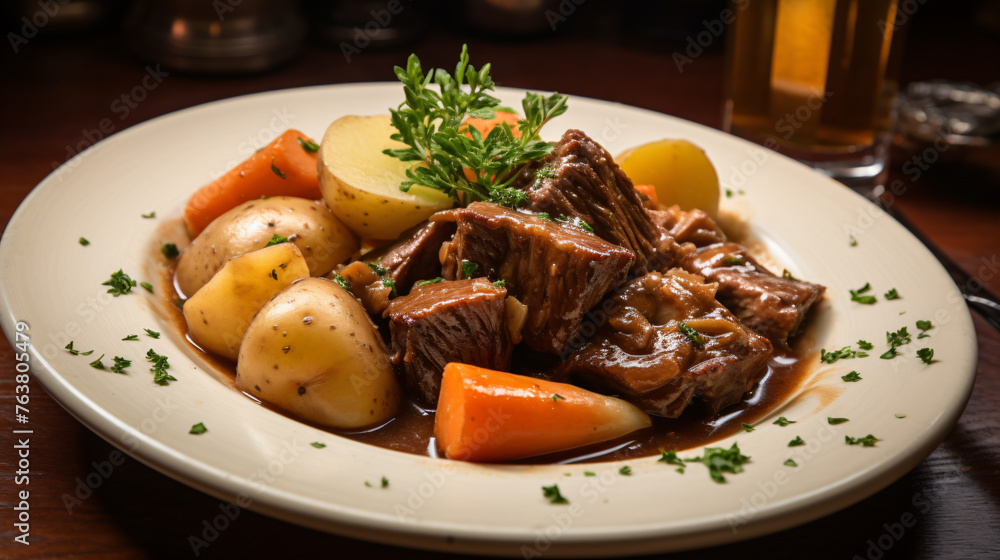 A plate of traditional Irish stew with lamb potatoes