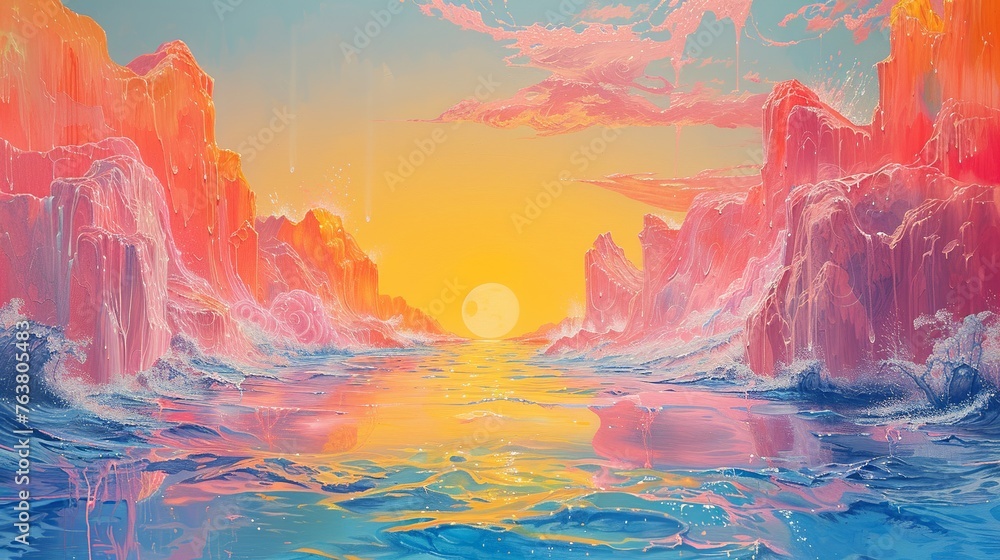 A painting of a mountain range with a pink and orange sky