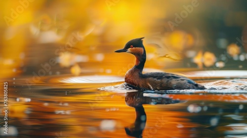 Swimming bird. Nature background. Bird: Red necked grebe. Podiceps grisegena. photo