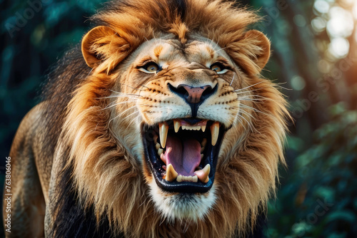 close-up portrait of lion with wide toothy grin looking at camera. Exudes confidence and power, wildlife photography, animal-themed designs, representing strength and ferocity in marketing campaigns photo