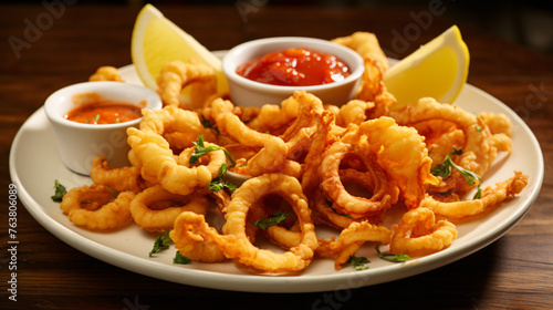 A platter of crispy calamari served with a side of mar