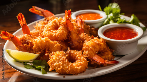 A platter of crispy coconut shrimp served with sweet c