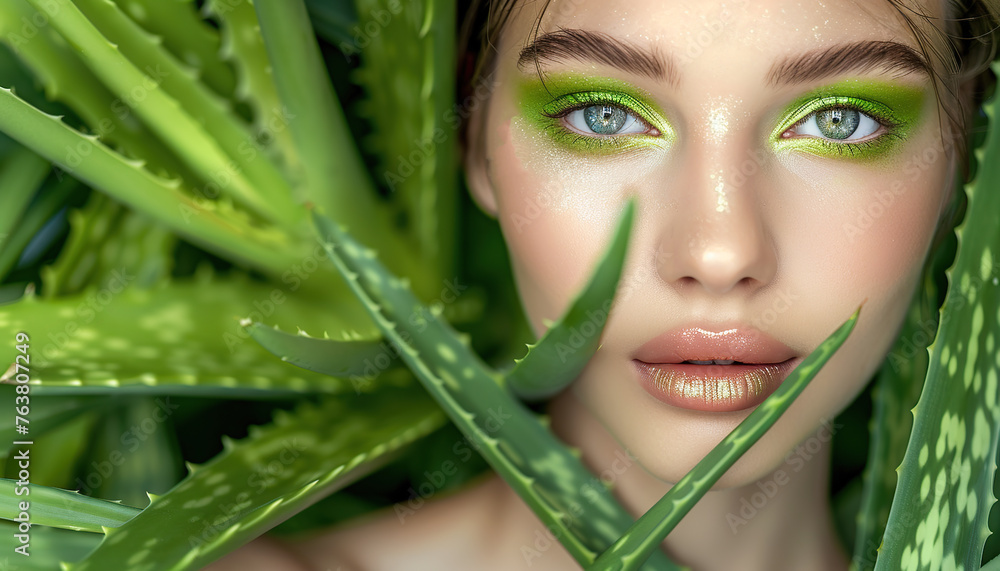 Green Beauty. Young Woman with Green Eyes. Background Filled with Aloe Vera Leaves with Copy Space. Beauty and Spa Concept. Green Beauty. Young Woman with Green Eyes. Background Filled with Aloe Vera Leaves with Copy Space. Beauty and Spa Concept.