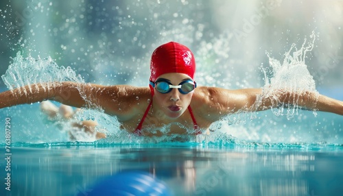 Professional Swimming Athlete in action front angle view, aerobic swimmer, wearing a red head covering and swimming goggles, healthy sport. © Virgo Studio Maple