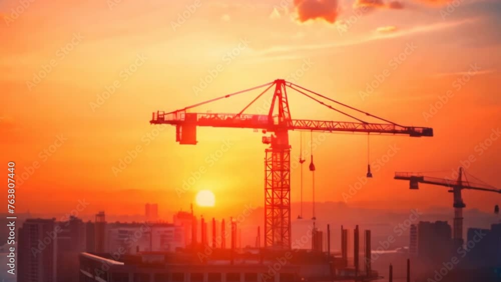 Silhouette of a construction crane against a colorful sunset sky Silhouette of a construction crane against a colorful sunset sky