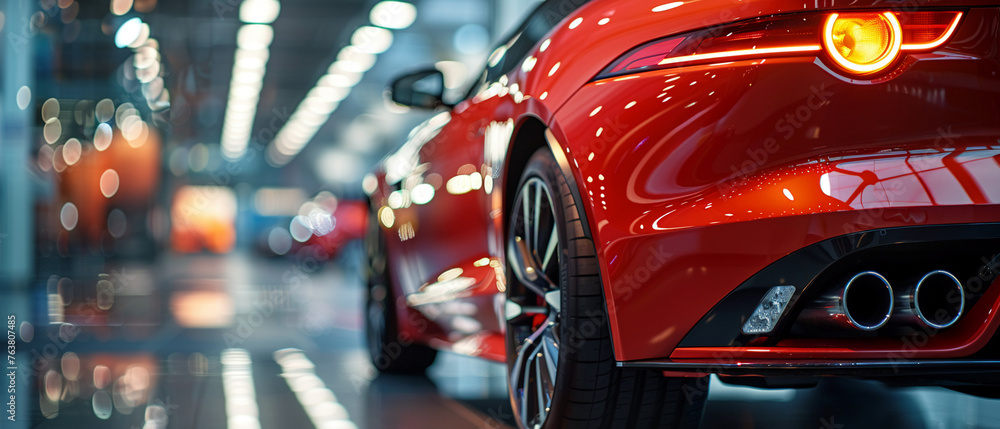 A close-up of a car's rear view, focusing on the taillights and exhaust system, in a showroom setting that emphasizes design and performance. A close-up of a car's rear view, focusing on the taillights and exhaust system, in a showroom setting that emphasizes design and performance.