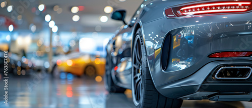 A close-up of a car's rear view, focusing on the taillights and exhaust system, in a showroom setting that emphasizes design and performance.