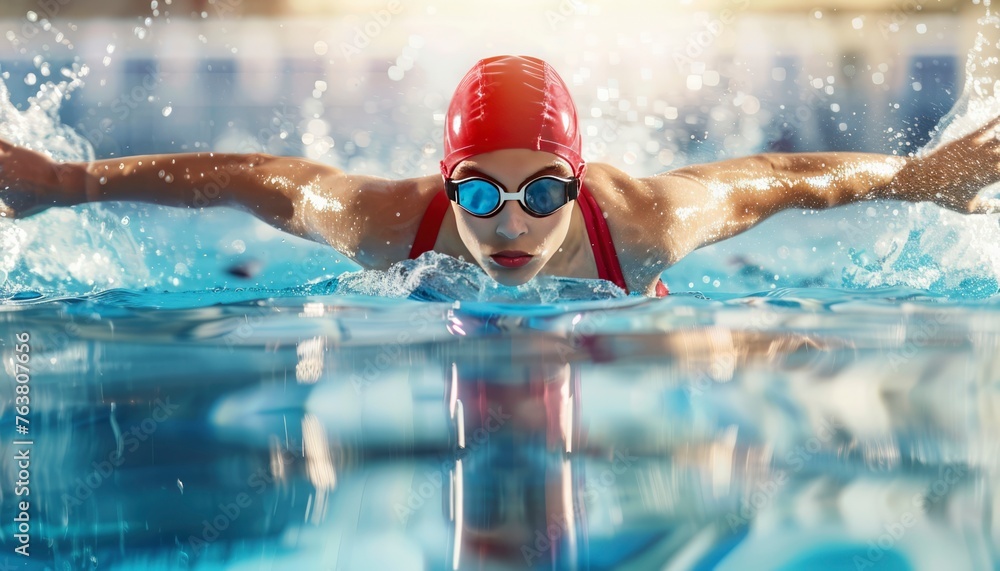 Professional Swimming Athlete in action front angle view, aerobic swimmer, wearing a red head covering and swimming goggles, healthy sport.