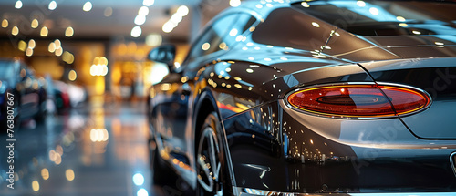 A detailed view of the side mirror and door handle of a high-end car in a showroom, emphasizing sleek lines and luxury detailing.