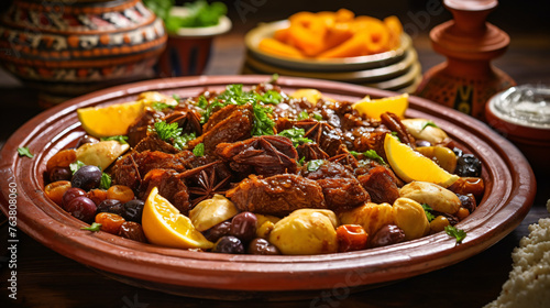 A platter of Moroccan tagine with tender meat and arom photo