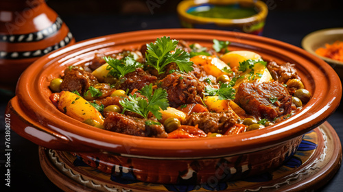 A platter of Moroccan tagine with tender meat and arom photo