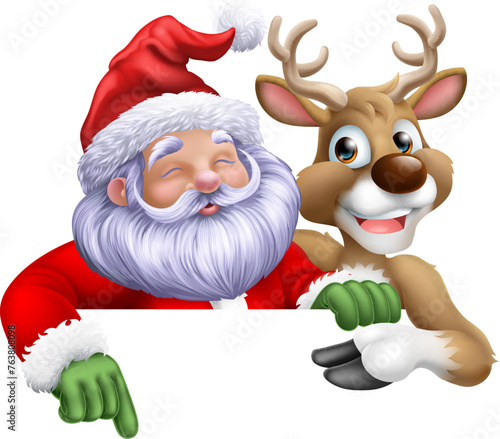 Cartoon Santa Claus or Father Christmas and his reindeer peeking over a sign and pointing
