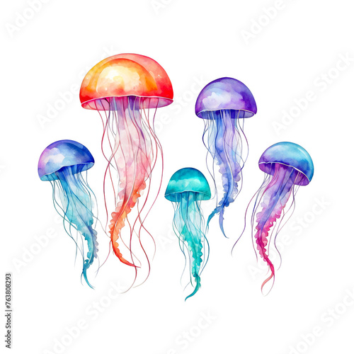 5 Jellyfishes, Group Jellyfish watercolor painting, glowing colorful, marine animal, vector illustration, clipart, cute adorable, aquarium, craft projects, invitation cards, cutout, white background